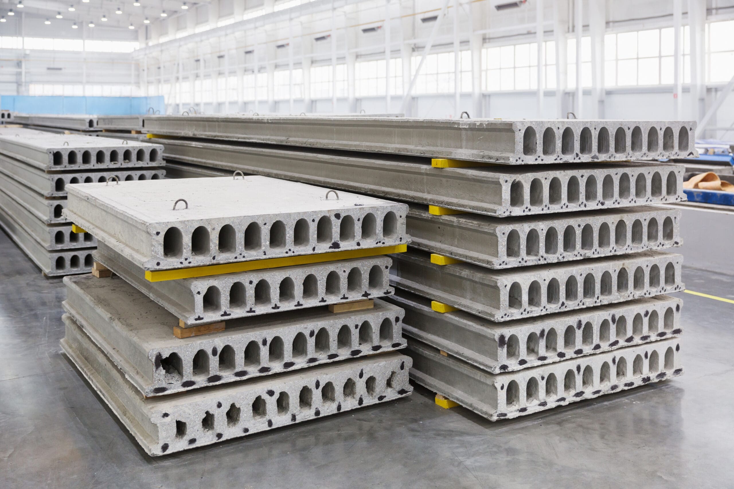 Stack of precast reinforced concrete slabs in a house-building factory workshop