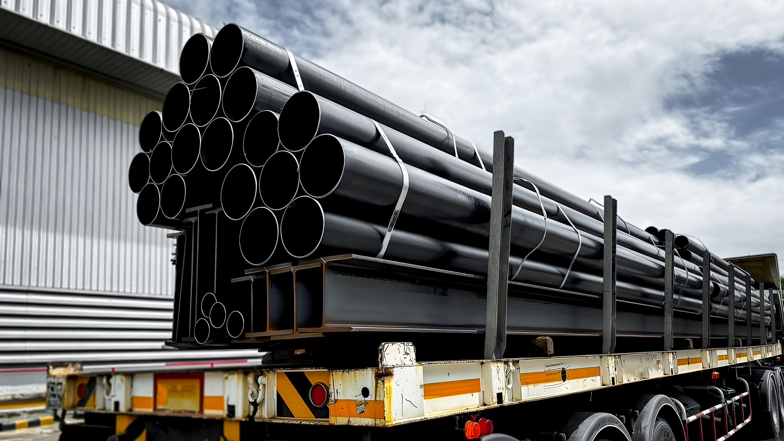 Construction products on transport vehicles Group of steel pipes for industrial materials Construction engineering products  equipment, steel pipes, metal warehouse industry, delivery to customers